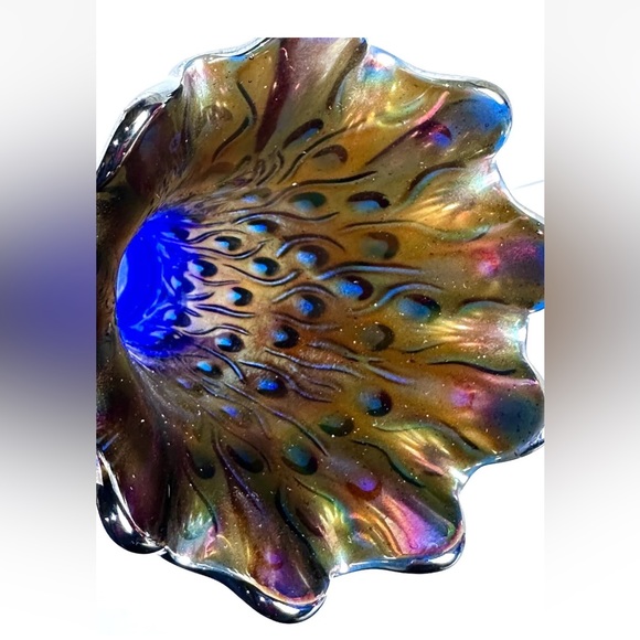 Rarest Cobalt Blue Glass Peacock Design 9 Finger Carnival vase Stunning - Picture 2 of 12